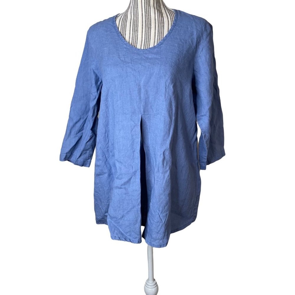Flax 100% Linen Oversized Lagenlook Blouse Scoop Neck Blue Size S